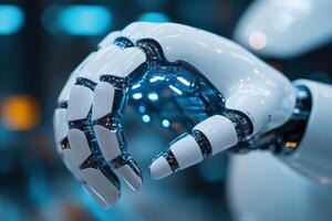 A robot hand with a blue light on it photo