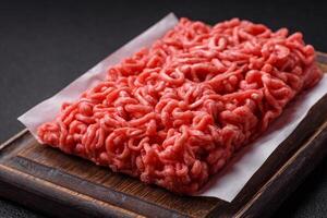 Fresh raw ground beef with salt and spices photo