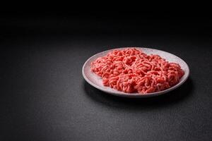 Fresh raw ground beef with salt and spices photo