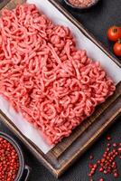 Fresh raw ground beef with salt and spices photo