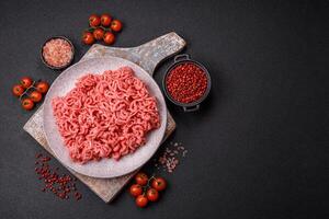 Fresh raw ground beef with salt and spices photo