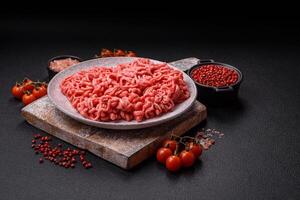 Fresh raw ground beef with salt and spices photo