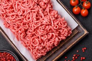 Fresh raw ground beef with salt and spices photo