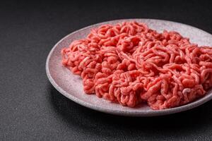 Fresh raw ground beef with salt and spices photo