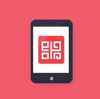 Smartphone displaying a red and white QR code. vector