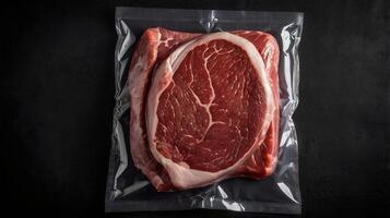 Freezer beefsteak in packaging on black background. Raw beef steak vacuum sealed bag for sell. Beef rib eye steak plastic pack. top view photo