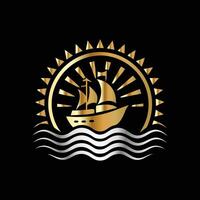 a golden ship in the ocean with a sun behind it vector