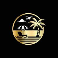 a golden beach umbrella and palm tree on a black background vector