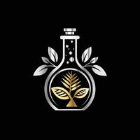 a laboratory flask with gold leaves and a black background vector