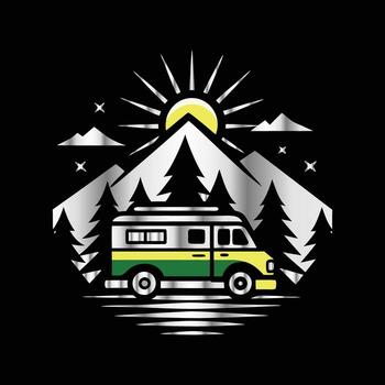 an image of a van with trees and mountains in the background vector