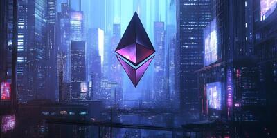 Futuristic Visual with Ethereum Logo Hovering Above a Modern Scene photo