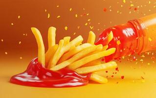 French Fries in a Fun Chase with a Playful Ketchup Bottle photo