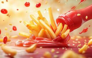 French Fries on the Run from a Playful Ketchup Bottle photo