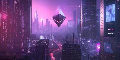 Floating Ethereum Logo in a Dynamic Futuristic Atmosphere photo
