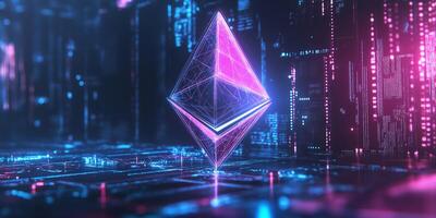 Ethereum Symbol Floating in a Digital Space with Interconnected Elements photo