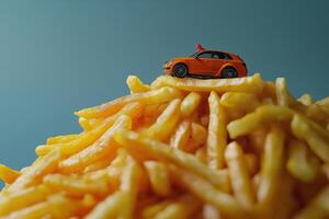 Tiny Toy Car Scaling a Mountain of French Fries photo