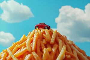 French Fry Mountain Scene with Toy Car in Motion photo