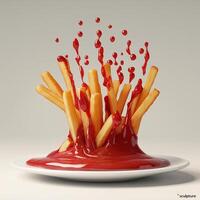 Dynamic French Fry Sculpture with Artistic Ketchup photo