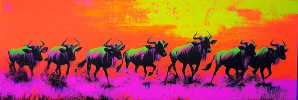 Neon Wildebeest Stampede Across Colorful Plains photo