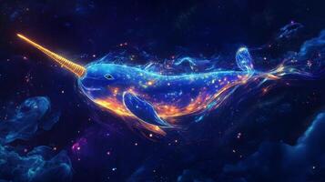 Neon Narwhal with a Glowing Tusk Swimming photo