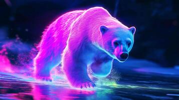 Neon Polar Bear Dashing Across Icy Terrain photo