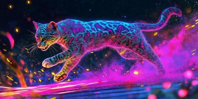 Wild cat with neon and vibrant pattern with colorful lights photo