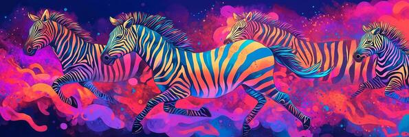 Neon Zebra Galloping with the Herd in a Vibrant Atmosphere photo