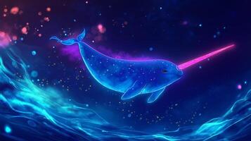 Glowing Narwhal Swimming with Bright Tusk in Neon Waters photo