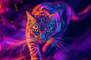 Neon wild cat with glowing pattern running with vibrant background photo