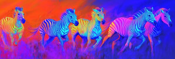 Neon Zebra Running with the Herd in a Colorful Scene photo