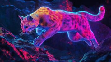 Bright Neon Puma in Motion Over Rocks photo