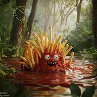 A Whimsical French Fry Monster Emerging from a Ketchup Pool photo