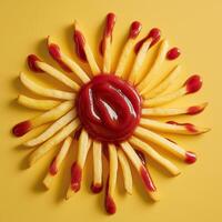 French Fries Arranged as a Sunburst with Ketchup photo