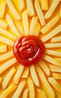 French Fries Shaped Like Sun Rays with Ketchup photo
