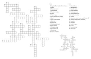 Crossword puzzle game with clues and solution. vector