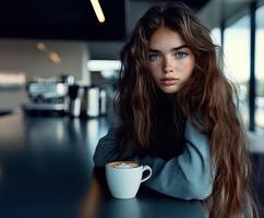 Young woman enjoying coffee at a modern cafe in the afternoon photo