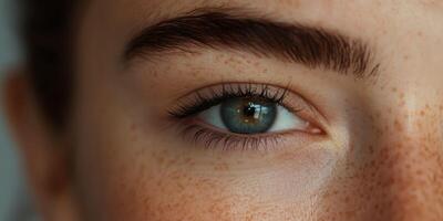 Close-up of a woman's eye showcasing freckles and clear blue iris photo