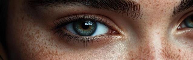Close-up of striking blue-green eye with freckles in natural light photo