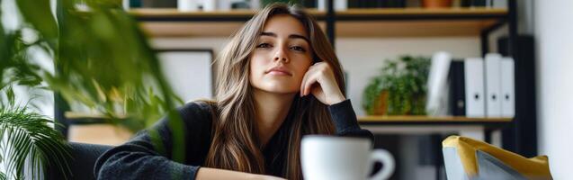 Young woman relaxing with a cup in a cozy indoor setting photo