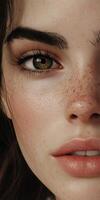 Young woman with freckles and expressive eyes in soft lighting photo