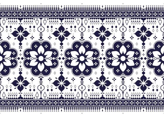 dark blue geometric and floral ethnic fabric seamless pattern on White background, design for cloth, carpet, batik, wallpaper, wrapping etc.
