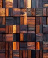 Wood decking made from various types of stained timber arranged in pattern photo