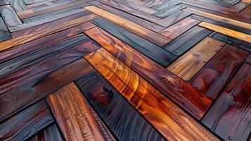 Detailed view of herringbone wood decking in natural tones photo