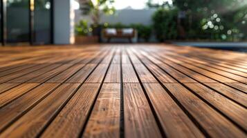 Sunlit wooden decking with lush greenery in the background photo
