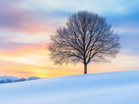 A lone tree stands in a snowy field at sunset in winter photo