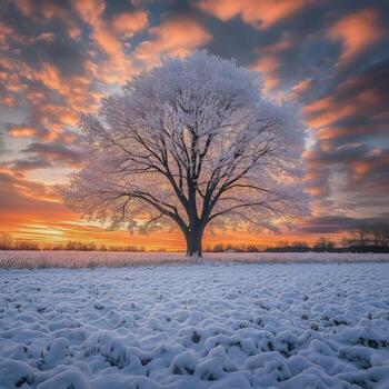 Frost-covered tree in a snowy field during sunset photo