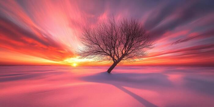 Lonely tree in snowy landscape during colorful sunset photo