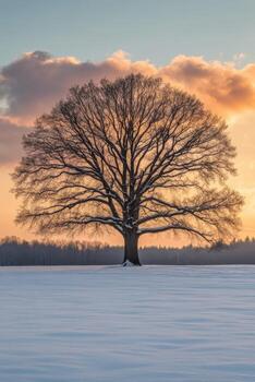 A solitary tree in a snowy field at sunset photo