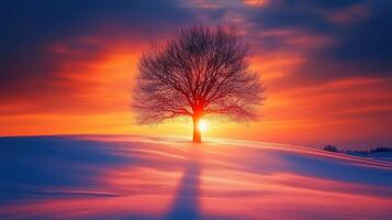 Sunset behind a solitary tree in a snowy landscape during winter photo