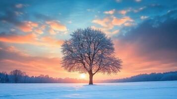 Snow-covered tree against a stunning sunset in a winter landscape photo